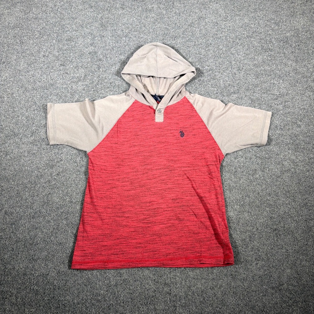 U.S. Polo Assn. Short Sleeve Hoodie M 10/12 Red Grey Boys Pullover Button‎